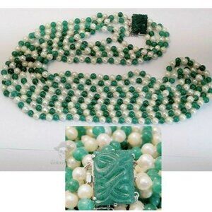 Vintage 4-Strand 925 Sterling Chinese Export Aventurine & Pearl Torsade